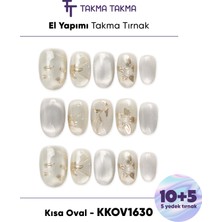 Takma Takma KKOV1630 Gümüş Kısa Oval 15'li Tekrar Kullanılabilir El Yapımı Protez Takma Tırnak - Gümüş-XS