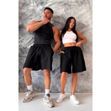 Vladivosto Diz Hizasında Battal Boy Yüksek Bel Cepleri Derin Oversize Büyük Beden Şort Kapri