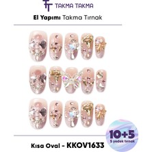 Takma Takma KKOV1633 Renkli Kısa Oval 15'li Tekrar Kullanılabilir El Yapımı Protez Takma Tırnak - Renkli-S