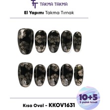 Takma Takma KKOV1631 Siyah Kısa Oval 15'li Tekrar Kullanılabilir El Yapımı Protez Takma Tırnak - Siyah-XS