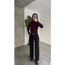 Asfa Moda Kadın Kemerli Yüksek Bel Geniş Paça Kumaş Pantolon Siyah