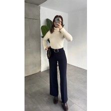 Asfa Moda Kadın Kemerli Yüksek Bel Geniş Paça Kumaş Pantolon Lacivert