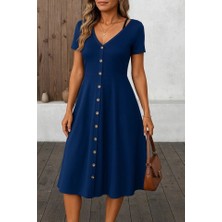 Kadın Kısa Kollu V Yakalı Önden Düğmeli A Kesim Dokuma Elbise