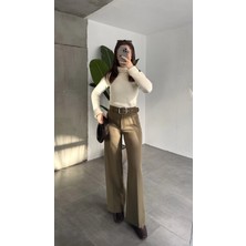 Asfa Moda Kadın Kemerli Yüksek Bel Geniş Paça Kumaş Pantolon Haki