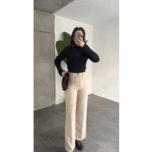 Asfa Moda Kadın Kemerli Yüksek Bel Geniş Paça Kumaş Pantolon Krem