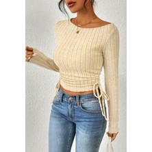 Wildco Bej Kayık Yaka Yan Büzgülü Fitilli Triko Uzun Kollu Bluz