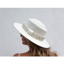 Nuit Taşlı Gelin Şapkası / Nikah Şapkası / Gelin Aksesuarı / Beyaz Boater Şapka
