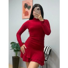 Kadın Uzun Kollu Balıkçı Yaka Mini Fırfırlı Sandy Elbise