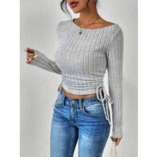 Wildco Gri Kayık Yaka Uzun Kollu Yandan Büzgülü Likralı Bluz, Kayık Yaka Büzgü Detaylı Esnek Gri Bluz Üst