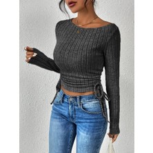 Wildco Antrasit Kayık Yaka Yan Büzgülü Fitilli Triko Uzun Kollu Bluz