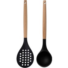 Zuzu Made Bambu Saplı Silikon Delikli Servis Kevgiri ve Bambu Saplı Silikon Kepçe Siyah Isıya Dayanıklı 32 cm