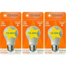 Avarson (3 Adet) Osaka 12VOLT 10W (75W) Beyaz Işık (6500K) E27 Duylu (Kalın Duy) LED Ampul