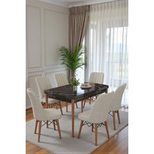 Kaktüs Avm Mutfak Masası Takımı | 6 Kişilik Açılır Masa Sandalye Takımı | Masa Takımı | Siyah Mermer Masa - Krem