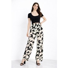 Liberty Boutique Kadin Siyah Beyaz Yaprak Desenli Rahat Kesim Bol Paça Palazzo Pantalon