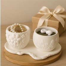 Liza Home Decoration Kelebek ve Çiçek Desenli Taş Tozu Dekoratif Ikili Kase Seti