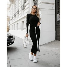 Kadın Uzun Kollu Bisiklet Yaka Kaşkorse Bluz ve Yırtmaçlı Etek Ikili Takım