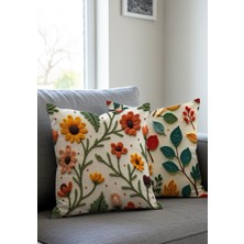 Punch Nakış Desen Dijital Baskılı Çiçek Desenli Kadife Kırlent Kılıfı, 2li Set 43X43 Cm, Gizli Fermu