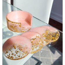 Pembe Altın Varaklı Reçine Bardak Altlığı Seti ve Standı