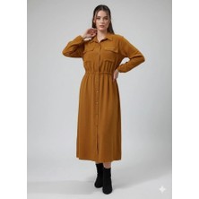 Kadın Uzun Kollu Beli Lastik ve Düğme Detay Gömlek Elbise