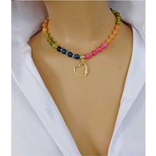 Sinem Şanlı Renkli Doğal Akik Taşlı Kalp Detaylı Çakra Kolye