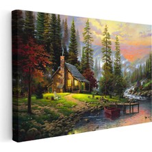 Tablofest Yatay Kanvas Tablo Akarsu Kenarı Orman Evi Manzara ve Doğa Tablosu Ev Ofis Duvar Dekoru