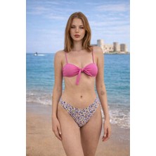 Burcumay Pembe Fiyonk Detaylı Desenli Yüksek Bel Bikini Takımı