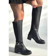 Roof Atelier Kadın Siyah Arkası Streç Fermuarlı Kalın Topuklu Çizme - Emrat