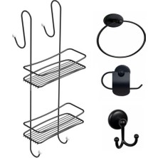 Banyo Aksesuar Seti 4 Lü Siyah,ömür Boyu Paslanmaz Duşakabin Askısı Duş Rafı Şampuanlık Siyah