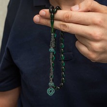 Katre46 Gümüş Kazaz Püsküllü Yeşil Sıkma Kehribar Tesbih