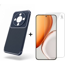 Coolacs Honor Magic 8 Lite ile Uyumlu Karbon Tasarım Silikon Telefon Kılıfı ve Temperli Cam Ekran Koruyucu