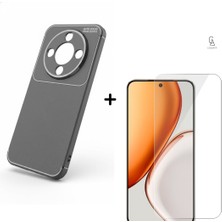 Coolacs Honor Magic 8 Lite ile Uyumlu Karbon Tasarım Silikon Telefon Kılıfı ve Temperli Cam Ekran Koruyucu