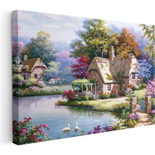 Tablofest Yatay Kanvas Tablo Bahçeli Taş Ev ve Kuğular Manzara ve Doğa Tablosu Ev Ofis Duvar Dekoru