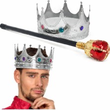 Colezium Gümüş Kral Tacı Kraliyet Tacı 60 cm ve Kırmızı Topuzlu Kral Asası Seti