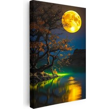 Tablofest Dikey Kanvas Tablo Gece Ağacı ve Büyük Sarı Ay Manzara ve Doğa Tablosu Ev Ofis Duvar Dekoru