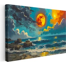 Tablofest Yatay Kanvas Tablo Turuncu Ay ve Dalgalı Deniz Manzara ve Doğa Tablosu Ev Ofis Duvar Dekoru