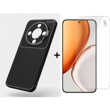 Coolacs Honor Magic 8 Lite ile Uyumlu Karbon Tasarım Silikon Telefon Kılıfı ve Temperli Cam Ekran Koruyucu
