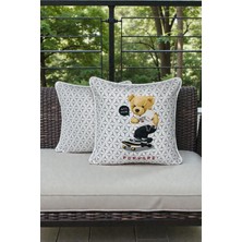 Visionario Kırlent Kılıfı 2'li Ayıcık Desenli 45X45 Raşel Örme Kadife Çift Taraflı Dijital Baskı Beyaz Biyeli