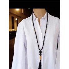 Sinem Şanlı Gotik Tarz Siyah Oniks Doğal Taş & Ipek Püsküllü Uzun Kolye