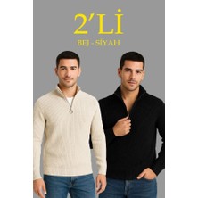 Fresco Scarfs Erkek Fitilli Triko Kazak 2’li Set – Siyah - Bej Kalın Dokuma Pamuklu Regular Fit V Yaka Fermuarlı Uzun Kollu Rahat Kışlık Kazak Kombini