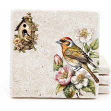 BiveSa Kuş - Yuva - Çiçek Temalı Doğal Taş Bardak Altlığı 4'lü Set