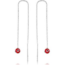 Katre46 925 Ayar Gümüş Zincirli Kırmızı Nazar Küpe