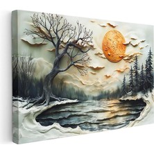 Tablofest Yatay Kanvas Tablo Karlı Doğa ve Kuru Ağaç Kabartma Görünümlü Tablo Ev Ofis Duvar Dekoru