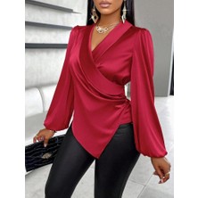 Kadın Uzun Kollu Kruvaze Yakalı Asimetrik Saten Bluz