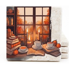 BiveSa Kitap - Kahve - Pencere Temalı Doğal Taş Bardak Altlığı 4'lü Set