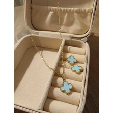 Güneş Takı 316L Çelik Gold Mavi Küpe Kolye Seti