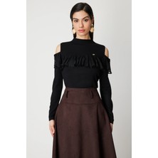 On Triko Omzu Açık Tül Detaylı Triko Kazak 60475