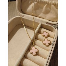 Güneş Takı 316L Çelik Gold Pembe Küpe Kolye Seti