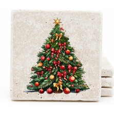 BiveSa Yılbaşı Ağacı Temalı Doğal Taş Bardak Altlığı 4'lü Set