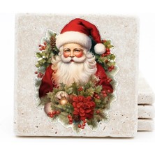BiveSa Noel Baba (4) - Yılbaşı Temalı Doğal Taş Bardak Altlığı 4'lü Set