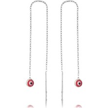 Katre46 925 Ayar Gümüş Zincirli Pembe Nazar Küpe